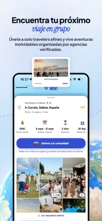 Pantalla de la app: encuentra tu próximo viaje en grupo