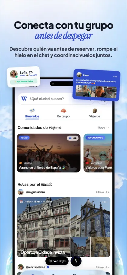 Pantalla de la app: conecta con tu grupo antes de despegar