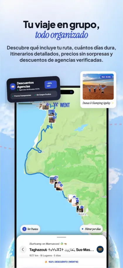 Pantalla de la app: tu viaje en grupo todo organizado