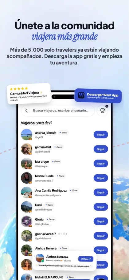 Pantalla de la app: únete a la comunidad viajera más grande